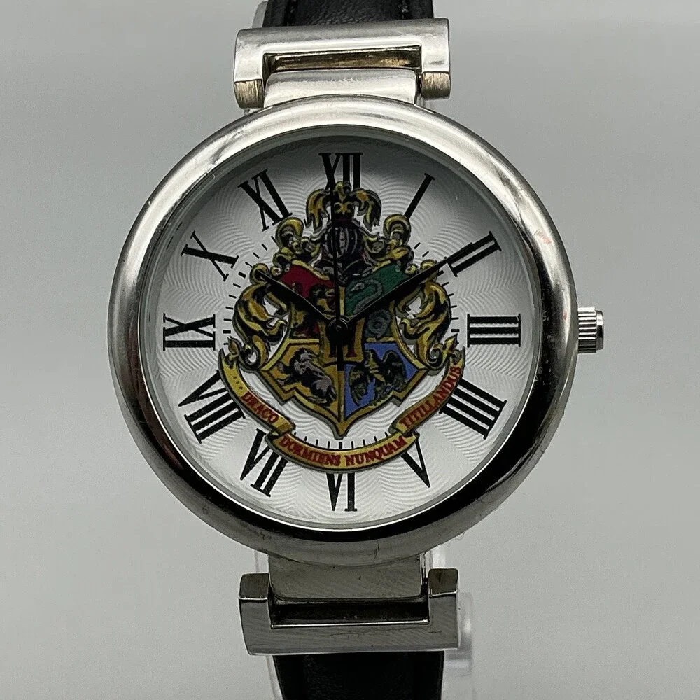 Harry Potter Teens Watch 36mm Hogwarts Crest Black Leather Silver Tone